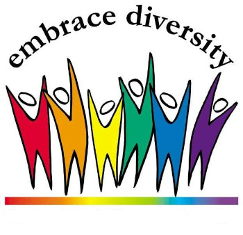 Clipart of figures in different colors with the words "embrace diversity" above the figures.